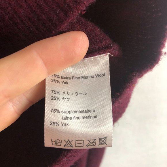 Brown Allan Women's Size Small Burgundy Merino Wool Yak Tie Sleeve Knit Sweater - Picture 7 of 8